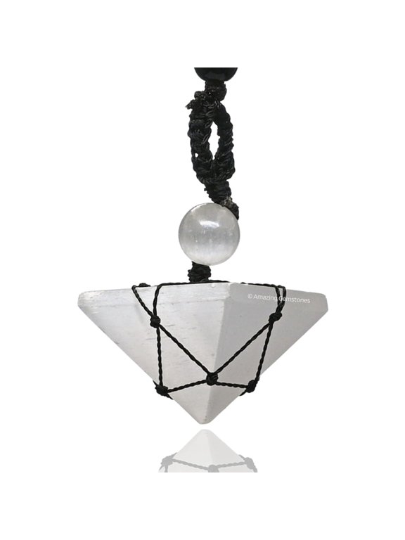 Selenite Crystal Pyramid Macrame Necklace, Unique Women Men Pendant