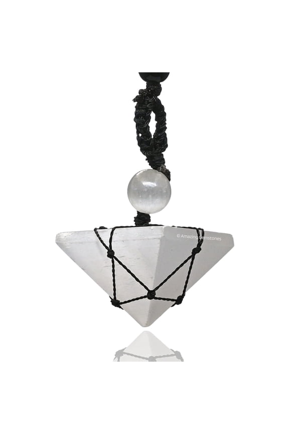 Selenite Crystal Pyramid Macrame Necklace, Unique Women Men Pendant
