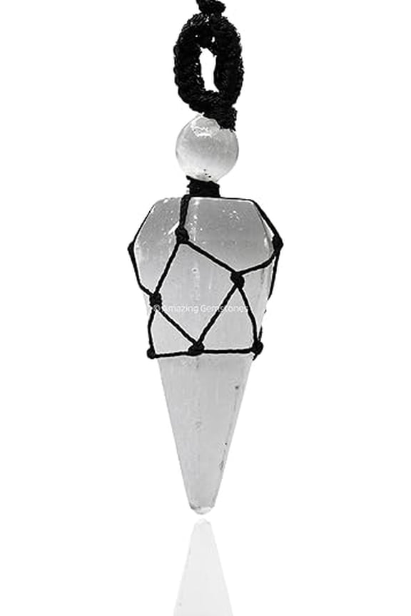 Selenite Crystal Stone Holder Necklace Pendulum, Unique Women Men Necklace (Black Macrame)