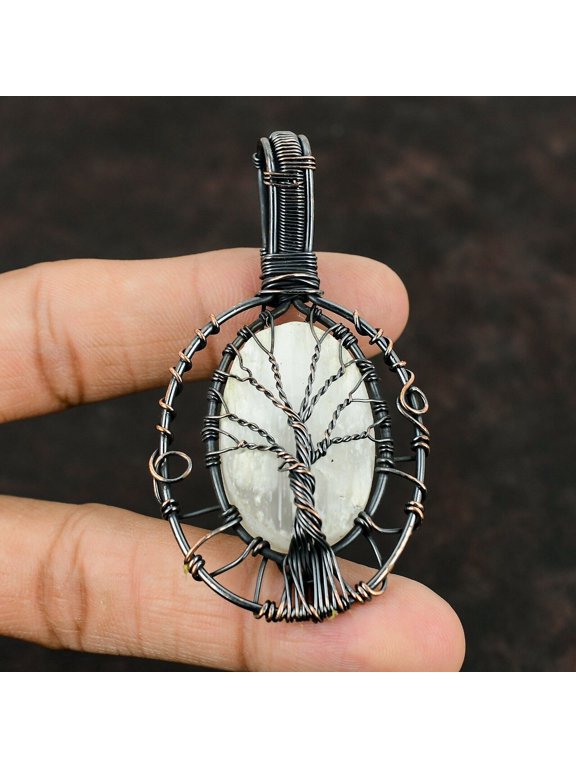 Tree Of Life Selenite Druzy Pendant Copper Wire Wrapped Gemstone Pendant Selenite Jewelry Handmade Wire Pendant Gift For Her Gift For Mother
