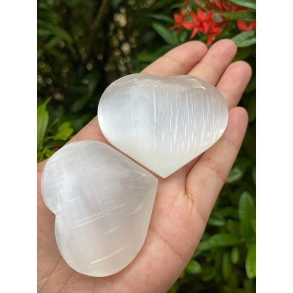 Selenite Gemstone Hearts, Polished Selenite Puffy Hearts, Selenite Palm Stone, Selenite Heart (2 Hearts)