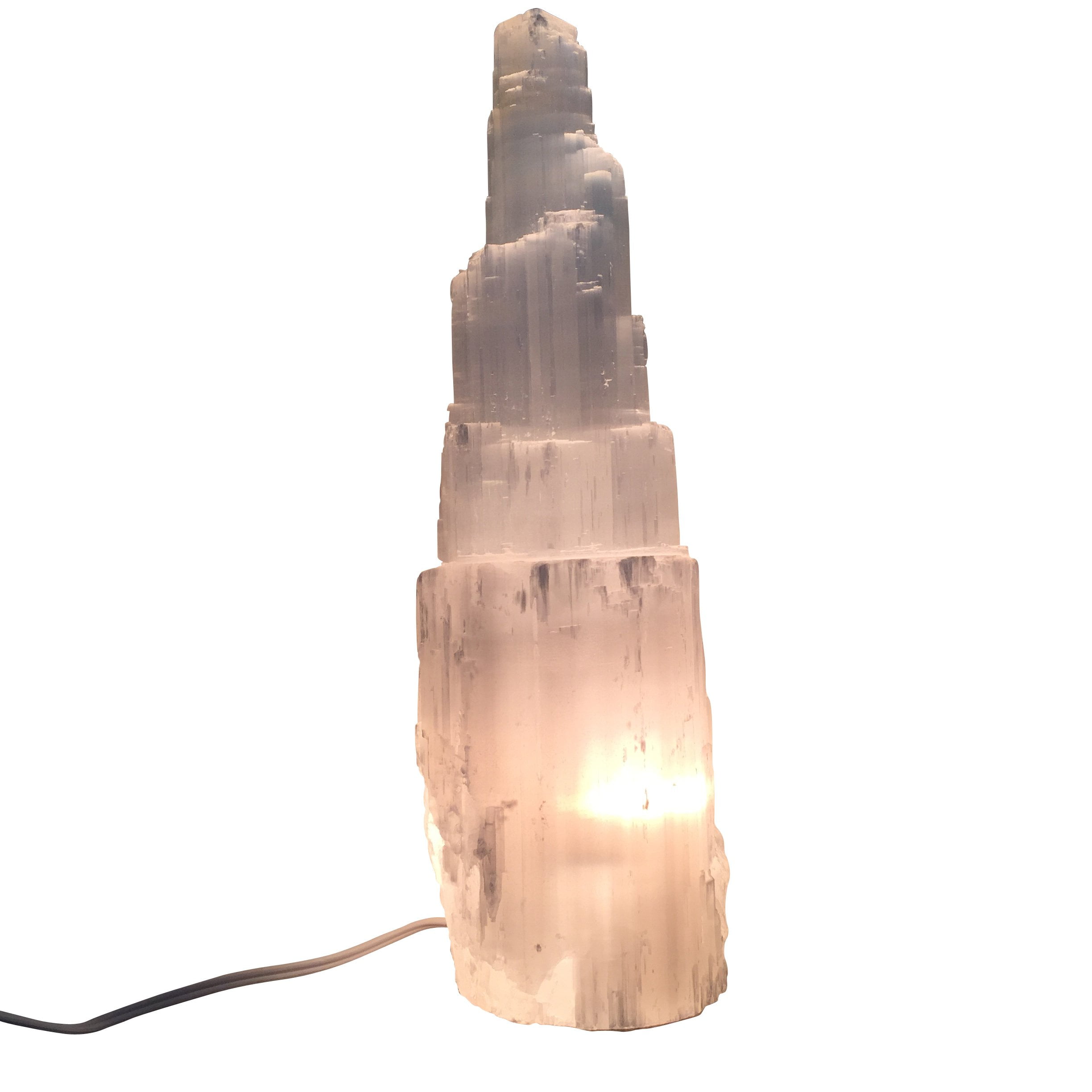 Natural White Selenite Skyscraper Lamp - 12 Inch Tall, Healing Crystal Lamp With Bulb & Cord