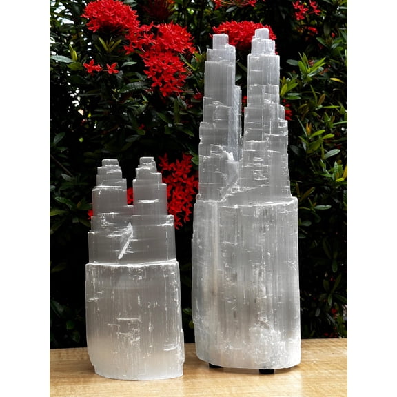 Selenite Twin Skyscraper Lamp, Selenite Two Tower Lamp, Natural White Healing Crystal Twin Tower Lamp, Selenite Crystal Lamp (14-16")