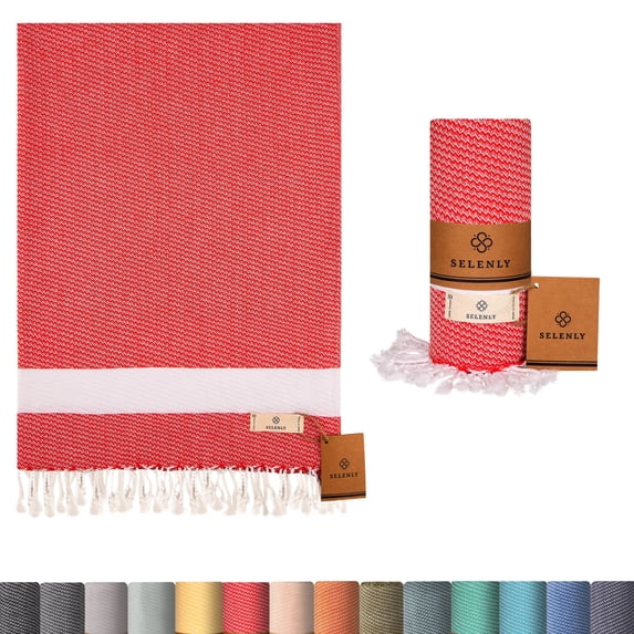 Selenly 100% Cotton Turkish Towel | Turkish Beach Towel Quick Dry | Pre-Washed Gym Towel | 37x71 Inches Bath Towel | Soft and Absorbent Peshtemal - Coral Red