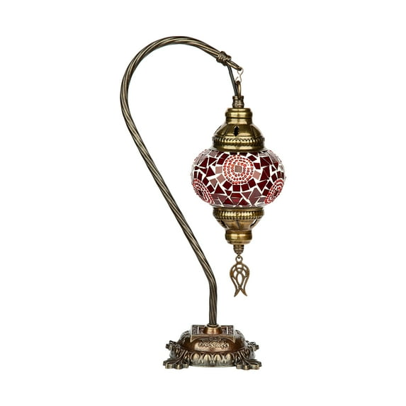 Selenly 14.5" Handcrafted Turkish Mosaic Lamp, 3.93" Colorful Stained Glass, Moroccan Decor, Vintage Style, Table & Bedside Light, Swan Neck Lamp - Red