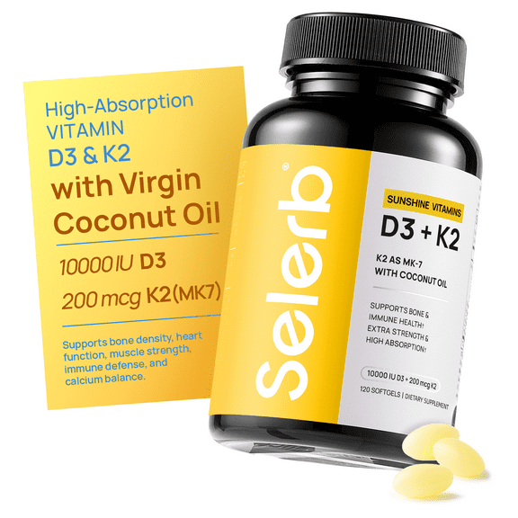 Selerb Vitamin D3 K2 10,000 IU D3 + 200 mcg MK-7 with Virgin Coconut Oil Bone, Heart & Immune Support 120 Softgels