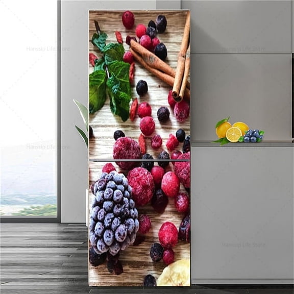 Self Adhesive 3D Fruit Dessert Fridge Door Sticker Mural Wallpaper Waterproof PVC Cake Wine Cup Refrigerator Door Decals Sticker