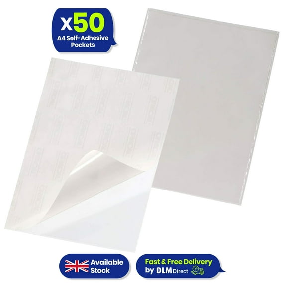 Self-Adhesive A4 Pockets Pack of 50 Clear Sticky Sleeves for Documents