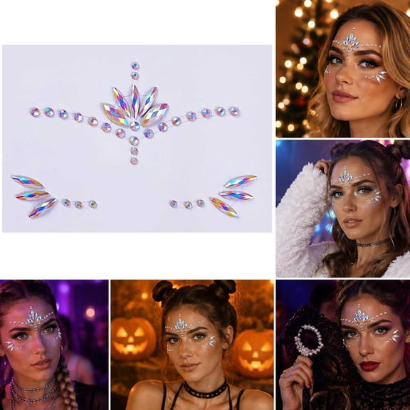 Self Adhesive AB Rhinestone Face Jewels Stickers 6.3x4.72 Inch Iridescent Forehead Eye Body Gems for Festival Rave Party Halloween Makeup Decor