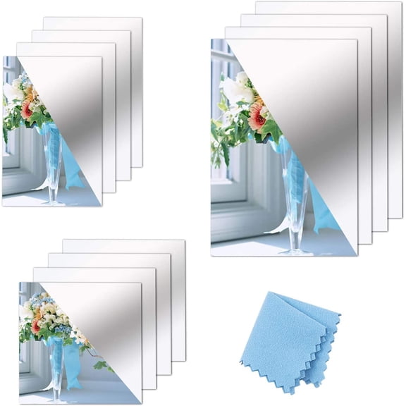 Self Adhesive Acrylic Mirror Sheets 12Pcs Flexible Non Glass Mirror Tiles Mirror Stickers with Adhesive Back and Suede Fabric Cloth for Home Living Room Bedroom Decoration Silver DIY