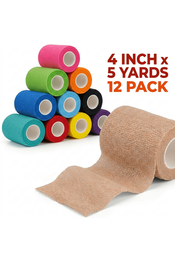 Self Adhesive Bandage Wrap, 12 Pack 4 inch x 5 Yards Waterproof Stretch Bandage Sports Tape, Breathable Athletic Elastic Bandage for Sports, Wrist, Ankle, Pets