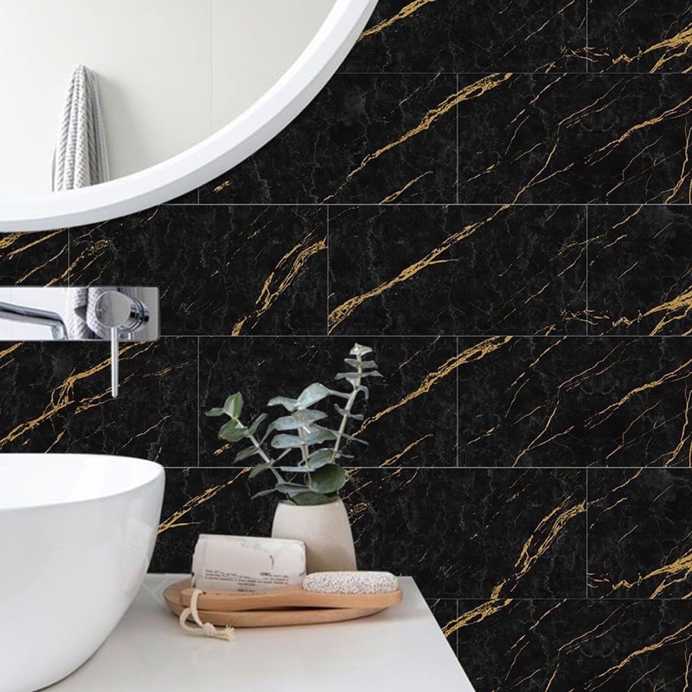 Self Adhesive Black Gold Marbling Wall Sticker 11.8x5.9" Tiles Wallpaper Peel and Stick for Kitchen Bathroom