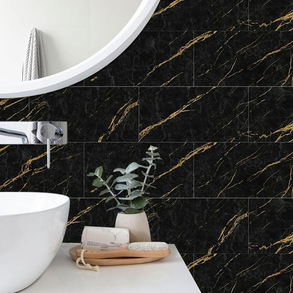 Self Adhesive Black Gold Marbling Wall Sticker 11.8x5.9" Tiles Wallpaper Peel and Stick for Kitchen Bathroom