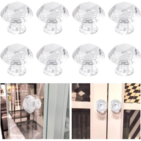 Self Adhesive Cabinet Pull Handle, 8pcs Transparent Acrylic Handles Concave Diamond Acrylic Knobs Cupboard Knobs Without Drill Handle for Kitchen Bathroom Mirror Door
