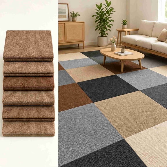 Self Adhesive Carpet Floor Tiles 12 Pack, 11.8in Soft Padded Peel Stick Carpet Squares for DIY Floor Renovation, Brown
