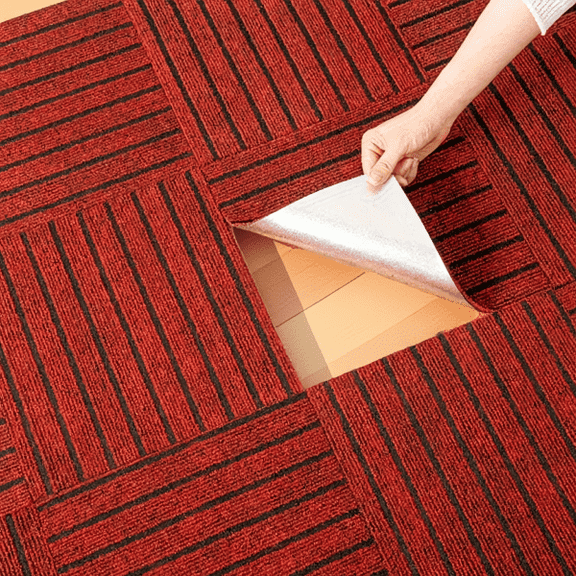 Self-Adhesive Carpet Tile Peel and Stick Floor Mat 12x12 Inch Red Polyester Square Rug