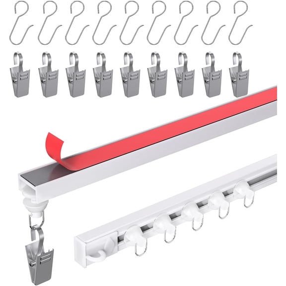 Self Adhesive Ceiling Curtain Track, 3.3 FT Flexible Cuttable No Drill Curtain Rail, Stick Ceiling Mount Curtain Rod for Room Divider, Window, Closet, RV, Includes Hooks and Clips