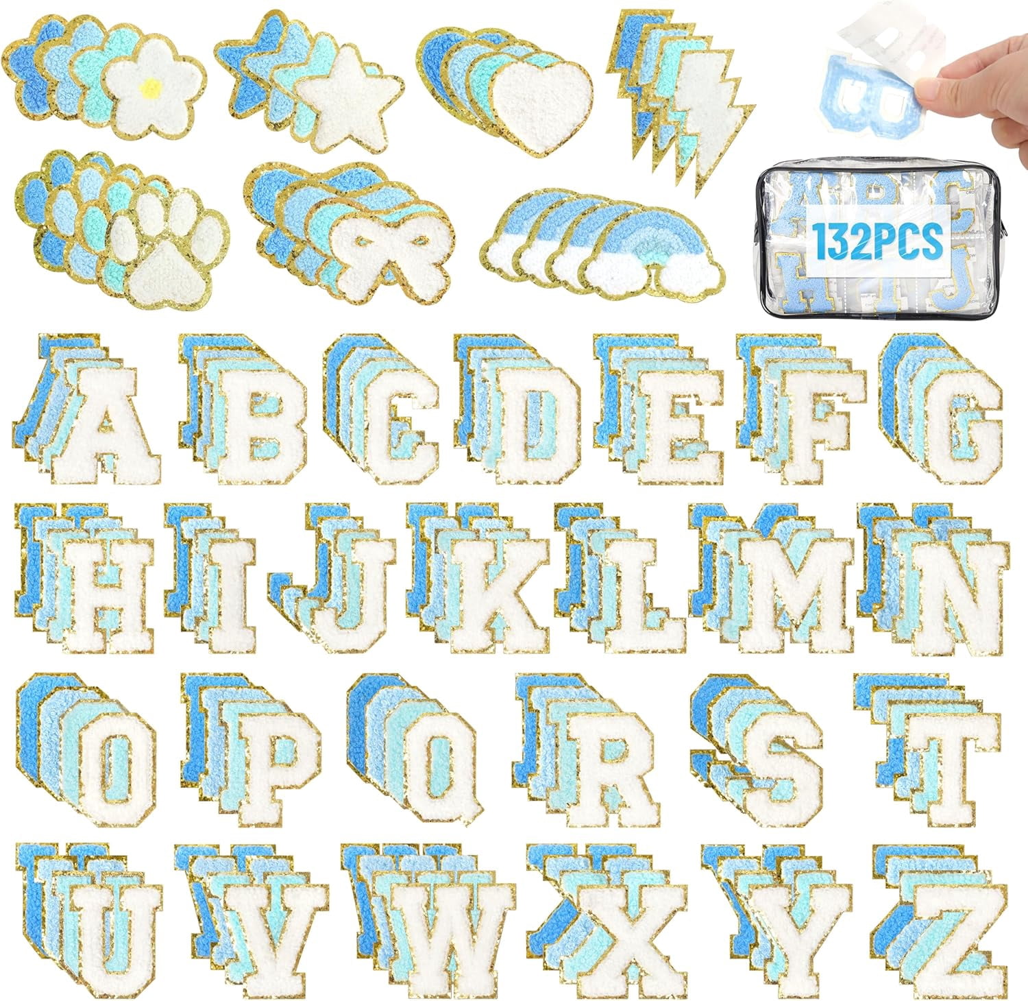 Self Adhesive Chenille Patches：132PCS Blue Pre-Sort Varsity Letter Patch for DIY Bags Backpacks Hats - Heart Star Bowknot Cute Patch Stickers for Birthday Party Gifts Crafts