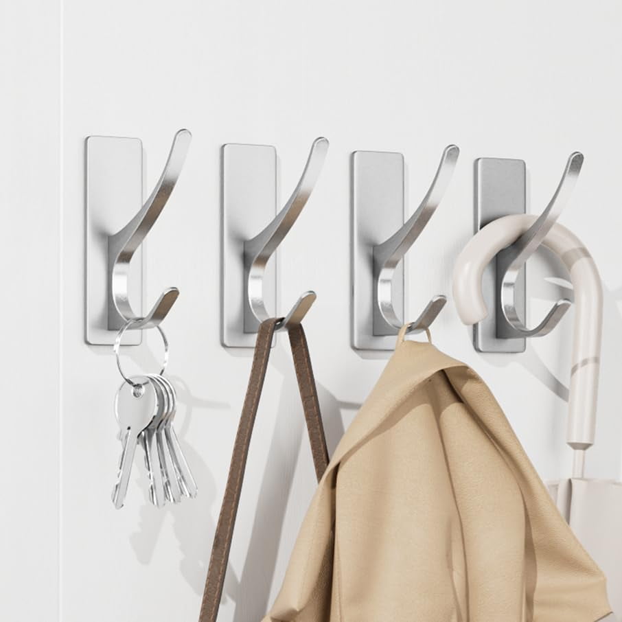 Self Adhesive Coat Hooks for Hanging Heavy Duty Stainless Double Wall Hook for Towel, Backpack