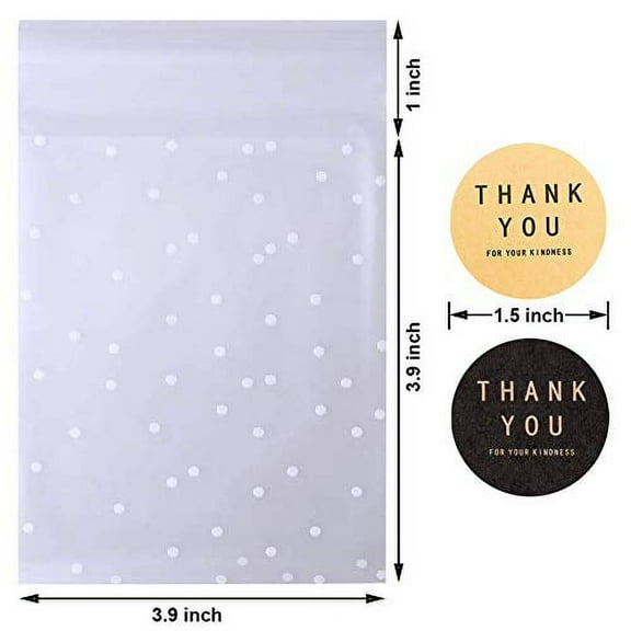 Self Adhesive Cookie Bags Cellophane Treat Bags, Searik White Polka Dot Plastic Pastry Bags with Thank You Labels for Party Gift Giving Bakery Candy Cookie Chocolate (3.94 x 3.94 Inches, 100
