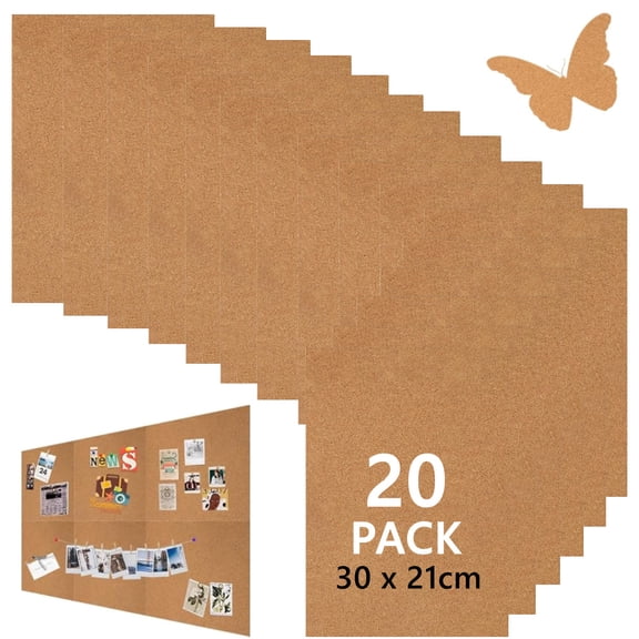 Self-Adhesive Cork Board, 20 Pack 30 x 21 cm Cork Panels for the Wall, DIY Rectangle Cork, 1 mm Thick Cork Board, Cork Mat for Wall Decoration, Table Decoration, Photos, Pictures