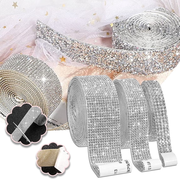 Self-Adhesive Crystal Rhinestone Ribbon Decoration - 4-Row Rhinestones 0.4 Inch Width Self-Adhesive For Easy Application - Weddings Parties Gift Wrapping Diy Crafts Home Decor