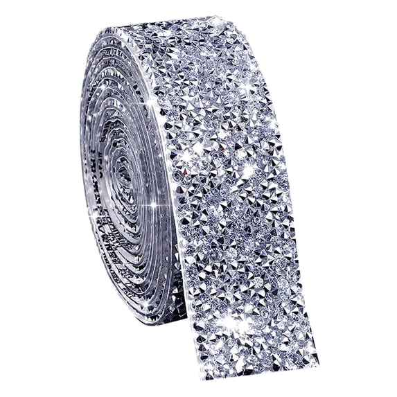 WJY Self-Adhesive Crystal Rhinestone Ribbon Resin Diamond Ribbon Glitter Sticker Roll, Silver, Silver, 1 Pack