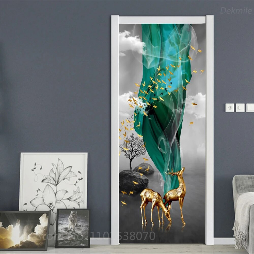 Self Adhesive Door Sticker Deer Feather Fish Wallpaper Hallway Bedroom