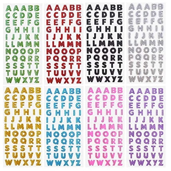 Aylifu Self Adhesive Alphabet Stickers, Colorful Sparkling Rhinestones Letters for Diy Grad Hat Handicraft Arts Decor, 8 Sheets