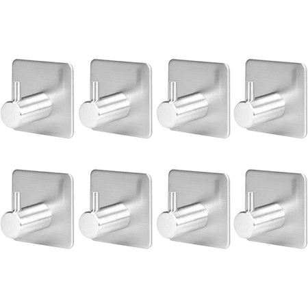 Self Adhesive Hooks, Bathrooms Hooks,Heavy Duty Wall Towel Hooks, Stainless Steel Coat Hangers Hooks 8 Pack Sliver