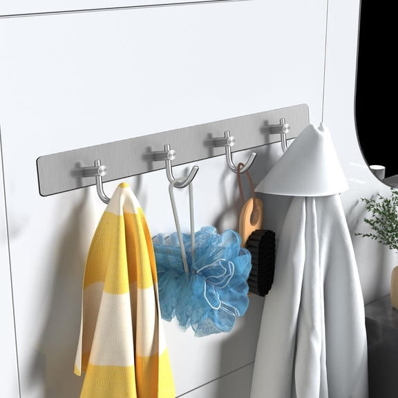 Self Adhesive Hooks, Heavy Duty Stainless Steel Wall Hooks for Towels Keys Coats Bathroom Kitchen, 4 Hooks