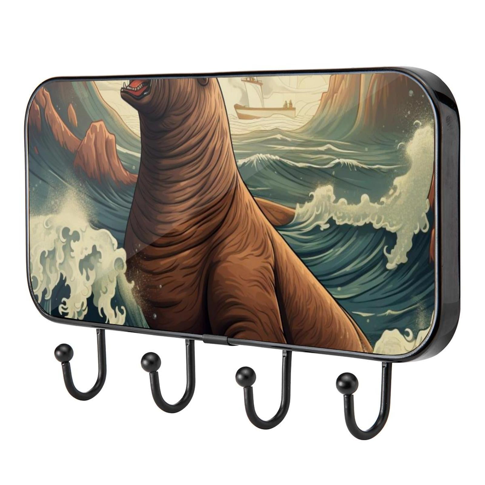 Self Adhesive Key Holder with 4 Hooks Sea Lion Wall Mounted Key Rack Organizer for Entryway ...