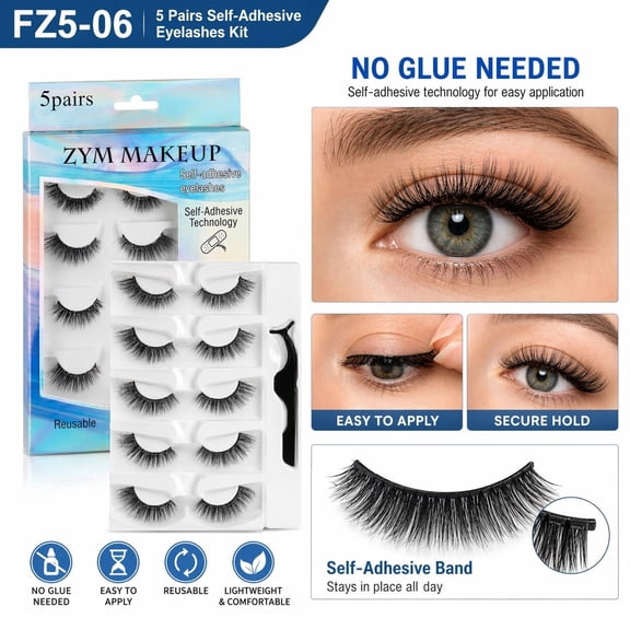 Self Adhesive Eyelashes, 5 Pairs Pre-Glued Natural Wispy False Lashes, No Glue Needed Reusable Fake Lashes for Beginners