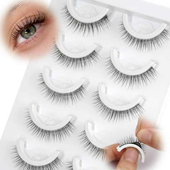 Self Adhesive Lashes False Eyelashes - Update More Stronger 10mm Natural Cat Eye Pre-glued Fake Lashes Press on Lashes Waterproof Gluess Wispy No Glue Needed Reusable Strip Lashes
