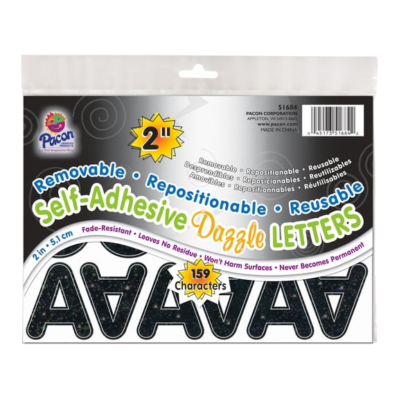 Pacon Self-Adhesive Letters, Black Dazzle, Puffy Font, 2", 159 Characters