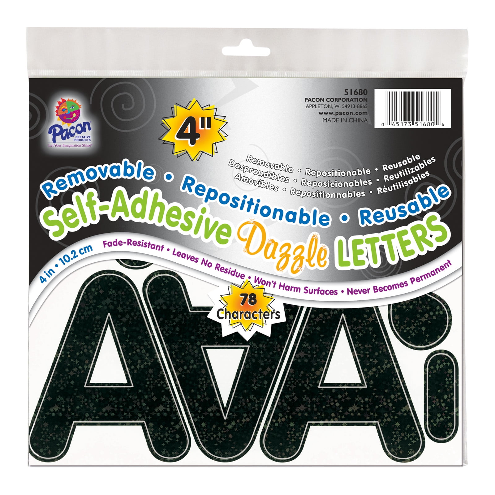 Pacon Self-Adhesive Letters, Black Dazzle, Puffy Font, 4", 78 Characters