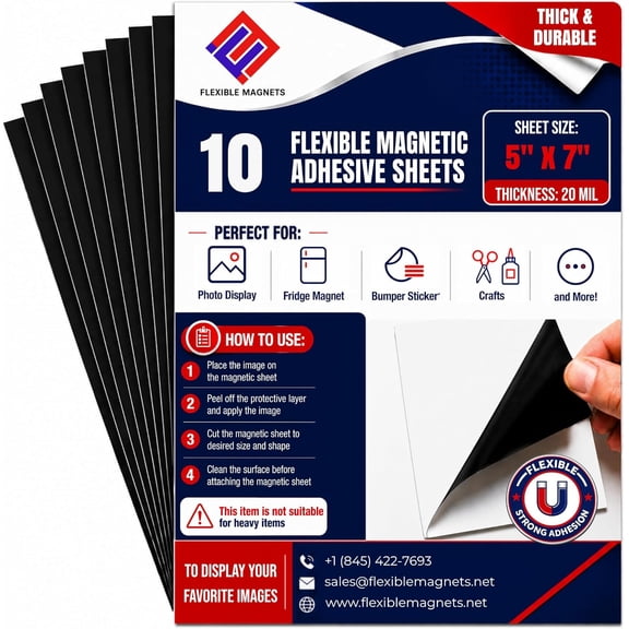 Flexible Magnets – Magnetic Sheets with Adhesive Backing, 5" x 7" (10 Pack) Stick-On Magnetic Sheets for Refrigerator Magnets, Magnetic Labels, Crafts, DIY Projects & More