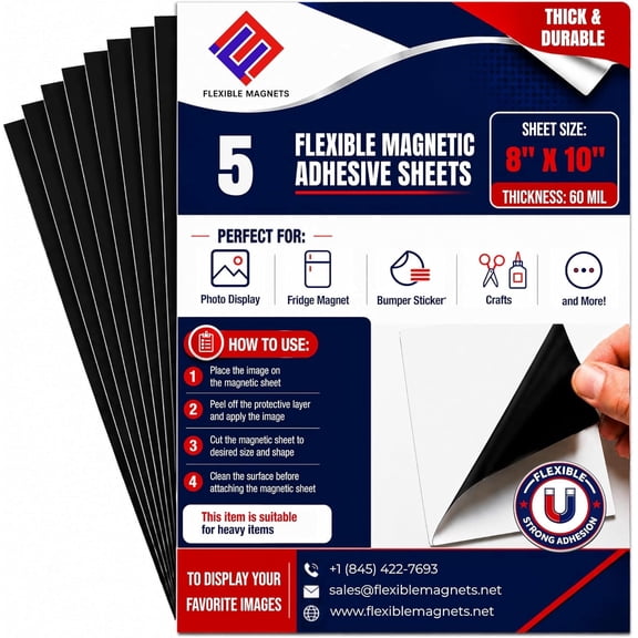 Flexible Magnets Adhesive Magnetic Sheets, 8" x 10", (5 Pack), 60 Mil Stick-On Magnetic Sheets for Crafts, Labels, Photos & DIY Projects