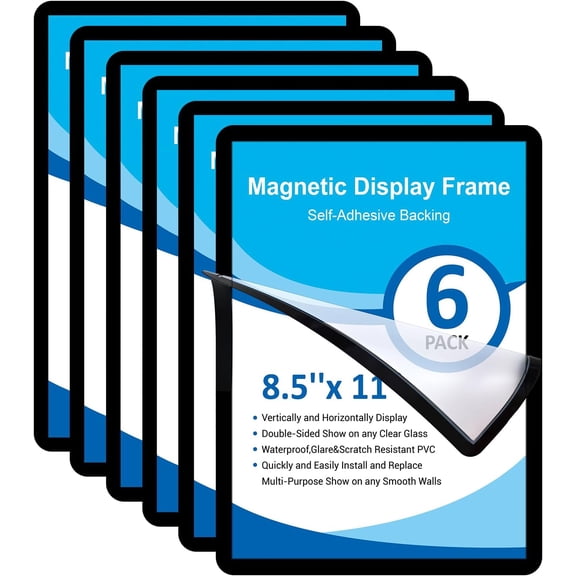 Self-Adhesive Magnetic Sign Holder 8.5 x 11, Movable Sticky Document Frame for Glass Windows, 6 Pack Black Magnet File Window for Certificate Poster Flyer Picture with Adhesive Backing