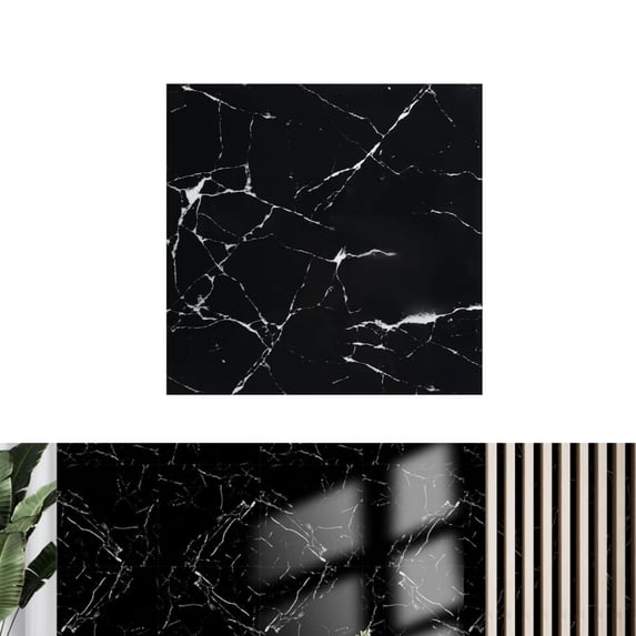 Self-Adhesive Marble Tile,QZS Portable Waterproof Tile Stickers for Bathroom,Set of 12 Modern Self Stick Floor Sheets for Washroom,Black