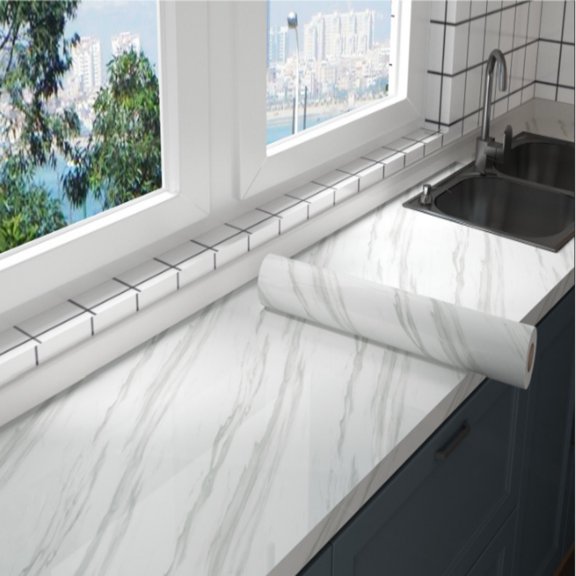 Self-Adhesive Marble Vinyl Wall Sticker, Oil & Waterproof Peel Stick Backsplash, Removable Decor for Kitchen Countertops, Cabinets, Bathrooms, Living Rooms and Home Renovation Projects, White