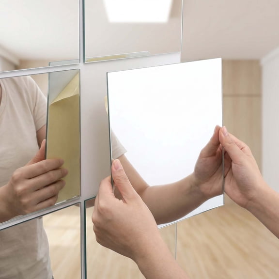 Self Adhesive Mirror Tiles, 4 Pack Acrylic Mirror Wall Stickers with Bright HD Reflection, Removable Frameless Non-Glass Safety Mirror Sheets for Bedroom, Bathroom, Living Room, DIY Home Decor