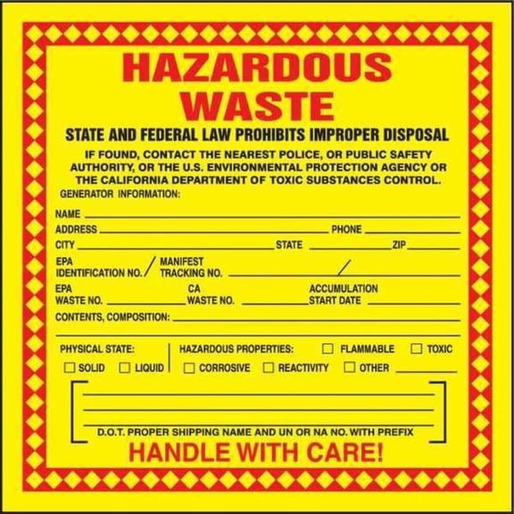 Self Adhesive Paper California Hazardous Waste Label, 15cm Height, 15cm Width J101