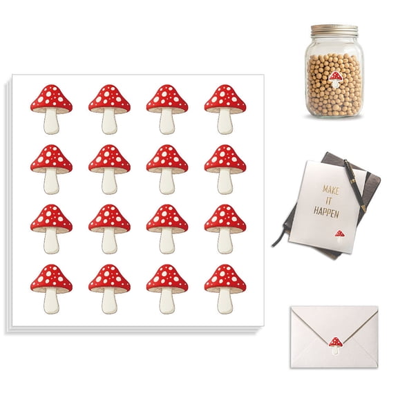 Self-Adhesive Paper Decorative Stickers for Party Decorative Presents Sealing Mushroom 90x90mm Sticker: 20x18.5mm 16 patterns/pc DIY