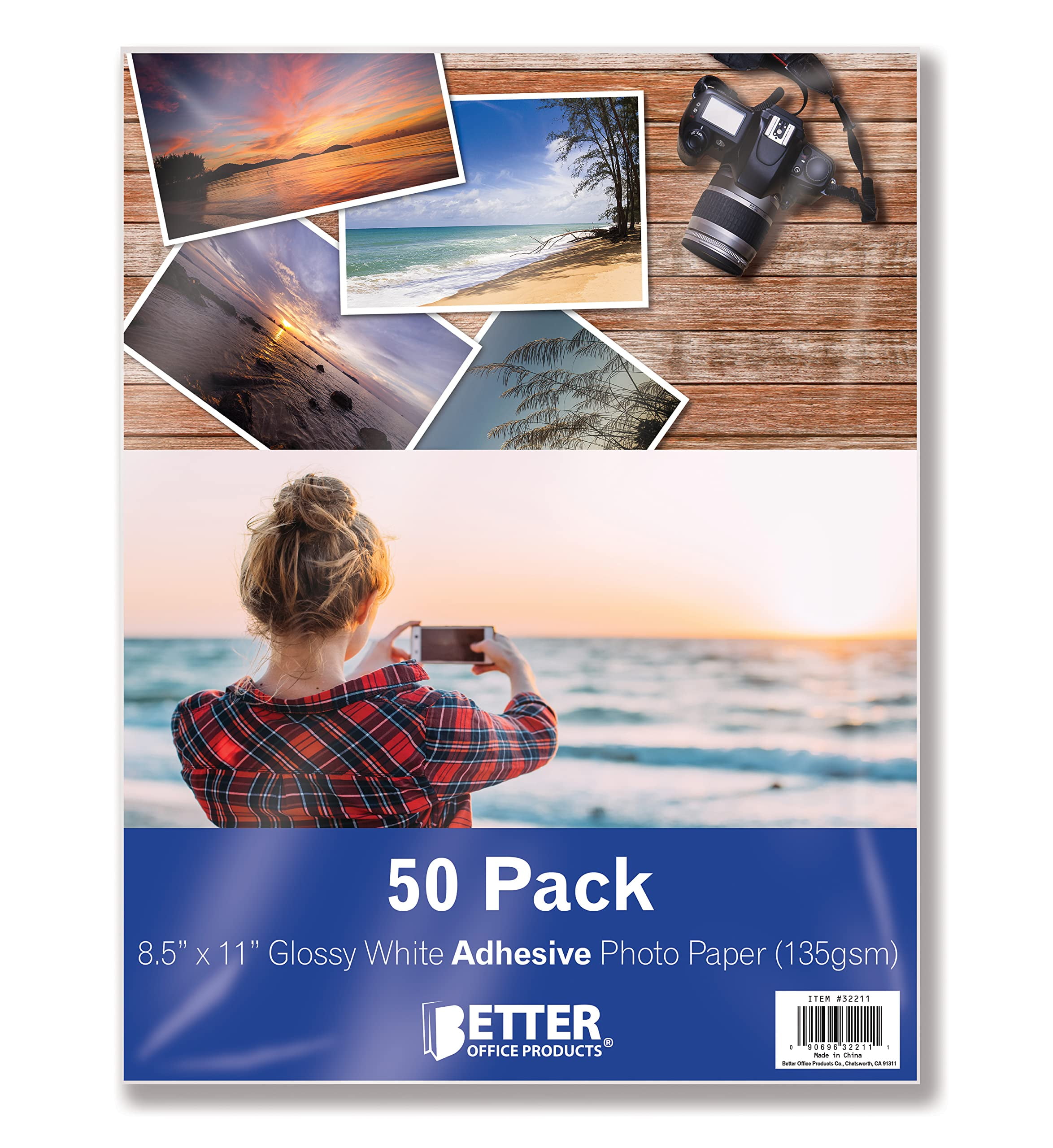 Self-Adhesive Photo Paper, Sticky Photo Paper, Glossy, 8.5 x 11 Inch, 50 Sheets, by Better Office Products, 135 gsm, Letter Size, 50-Count Pack