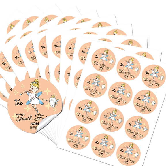 Self-Adhesive Plastic Gift Tag Stickers Adhesive Labels On A Roll for Party Flat Round with Tooth and Fairy Pattern 12pcs/sheet 10 sheets/set