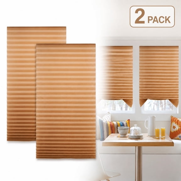 Self-Adhesive Pleated Blinds 2 Pack, No Drill Half Blackout Window Shades, Non-Woven Temporary Curtains 23.6x70.9in, Light Brown
