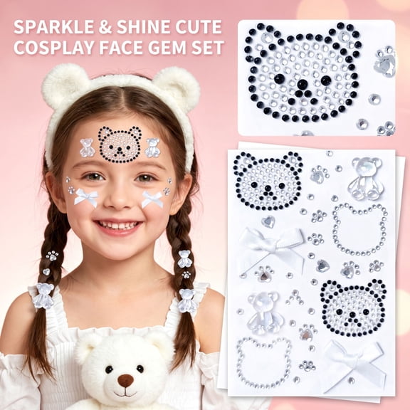 Self Adhesive Rhinestone Face Black Bear Gem Decor for Makeup Crafts Party Decoration with Heart Bow Paw Print Design