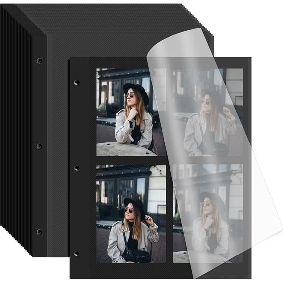 Self‑Adhesive Scrapbook Refill Pages for 3‑Ring Binder, Replacement Photo Album Sheets Fit 2x3, 4x6, 5x7, 8x10 Photos & Cards, 11 x 9 Inch, Black, 25 Sheets/50 Pages