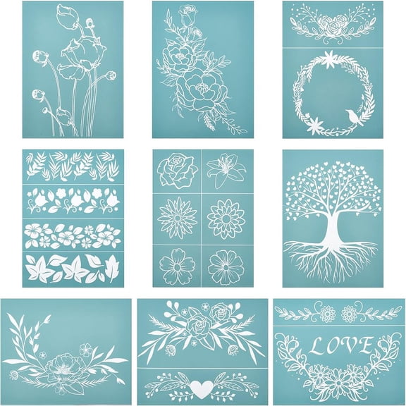 Self-Adhesive Silk Screen Printing Stencil for Painting on Wood DIY Decoration T-Shirt Fabric Flower/Rose Sky Blue 28x22cm 9sheets/set for DIY
